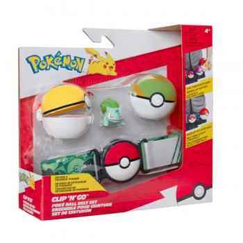 Pokemon - set figurina si centura clip n go, bulbasaur #1 with level ball, nest ball and bulbasaur themed belt w16