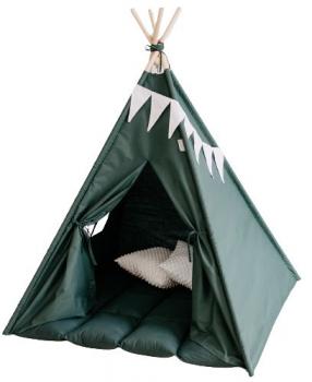 Set cort de joaca, teepee, dark green, 120x120x150 cm, salteluta, ghirlanda, 2 pernite si kit fixare