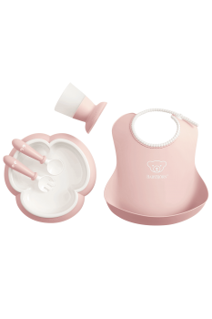 Babybjorn - set hranire: farfurie, lingurita, furculita, pahar si bavetica pentru bebe, powder pink