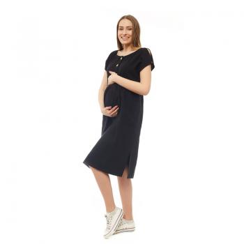 Rochie pentru gravide si pentru alaptare, qmini, s/m, din in si poliester, confortabila si lejera, black