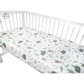 Cearceaf cu elastic, MimiNu, Pentru patut 120X60 cm, Din bumbac certificat Oeko Tex Standard 100, Forest friends Grey/Mint