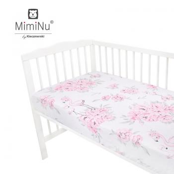 Cearceaf cu elastic, MimiNu, Pentru patut 120X60 cm, Din bumbac certificat Oeko Tex Standard 100, Peonie Pink