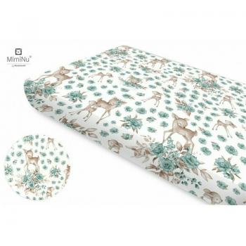 Cearceaf cu elastic, MimiNu, Pentru patut 140X70 cm, Din bumbac certificat Oeko Tex Standard 100, Sweet Deer Mint