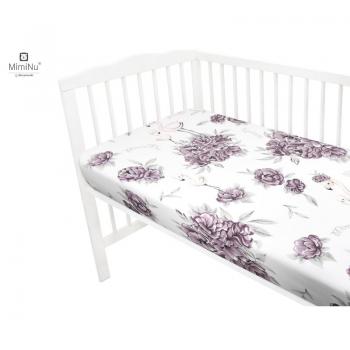 Cearceaf cu elastic, MimiNu, Pentru patut 140X70 cm, Din bumbac certificat Oeko Tex Standard 100, Peonie Plum