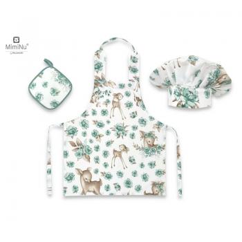 Set Micutul bucatar, MimiNu, Cu sort, o boneta si accesoriu pentru vase calde, Din bumbac certificat Oeko Tex Standard 100, Sweet Deer Mint