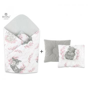 Set paturica de infasat, MimiNu, Cu doua fete, Dimensiune 75x75 cm + Perna bebelusi profilata, Cu doua fete, Cu functie anti-soc, 23x26 cm, Materiale certificate Oeko Tex Standard 100, Lulu Rose