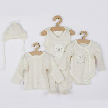 Set 4 piese, New Baby, Include bluza, body cu maneca lunga, salopeta fara maneci, caciulita, Marime 56, Din bumbac 100%, Sweet Bear Beige