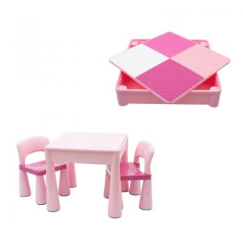 Set masuta si doua scaune, New Baby, Pentru copii, Pink, Cu parte detasabila si reversibila, Partea reversibila pentru Lego Duplo