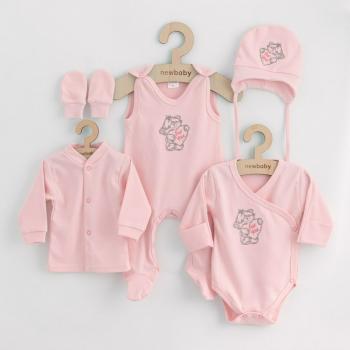 Set 5 piese, New Baby, Include Salopeta fara maneci, jacheta, body cu maneca lunga, caciulita, manusi, Marime 50, Din bumbac 100%, Classic Pink