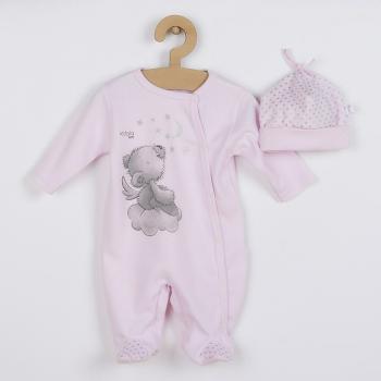 Set 2 piese, New Baby, Include salopeta cu maneca lunga si caciulita, Marime 56, Din bumbac 100%, Angel Pink