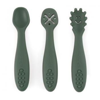 Set 3 lingurite, Petite&Mars, Diverse forme, Pentru supa, paste, alimente usoare, Dezvolta simturile si abilitatile senzoriale, Silicon, Fara BPA, 6 luni+, Verde