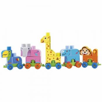 Set de Construit Maxi Cuburi Colorate cu Tren si Animale de la Zoo Abrick